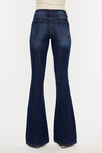 Kan Can Mid Rise Dark Wash Gold Thread Flare Jeans