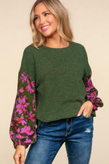 Olive Green Floral Sleeve Top