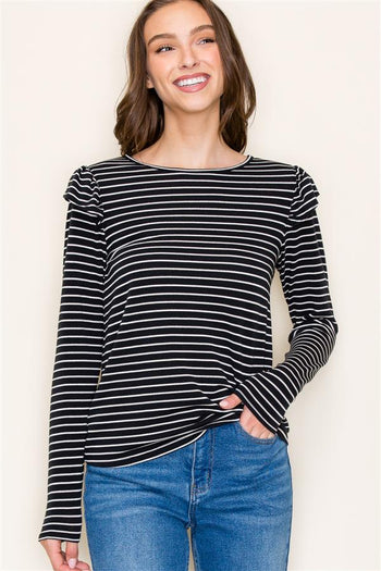 Soft Black Striped Ruffle Top