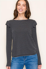 Soft Black Striped Ruffle Top