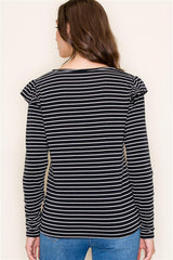 Soft Black Striped Ruffle Top