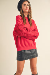 Red Cable Sleeve Knit Sweater