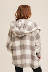 Gray Plaid Sherpa Plush Hooded Cardigan