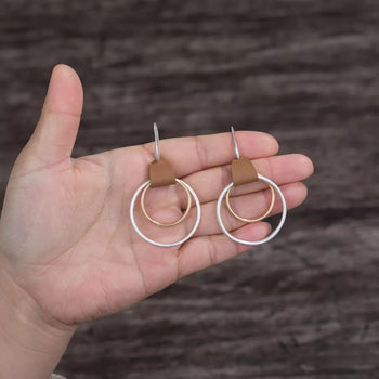 Hammered Circle Brown Leather Accent Earrings