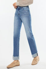 Kan Can High Rise Medium Wash Distress Cuffed Straight Jeans