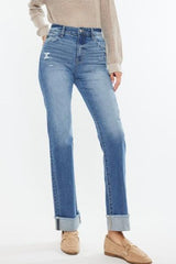 Kan Can High Rise Medium Wash Distress Cuffed Straight Jeans