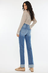 Kan Can High Rise Medium Wash Distress Cuffed Straight Jeans