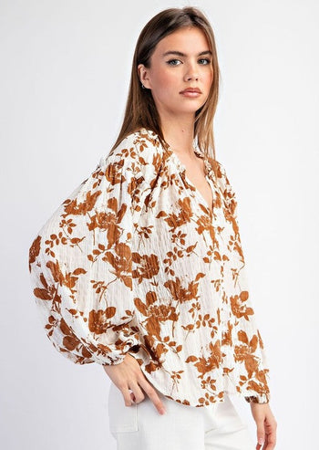 Brown Floral Crinkle Blouse