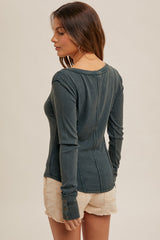 Boat Neck Mineral Washed Rib Henley Tops - 5 Colors!