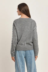 Gray & Ivory Stitched Sleeve Sweater