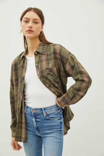 Olive & Charcoal Plaid Button Down