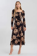 Black Floral Square neck Midi Dress