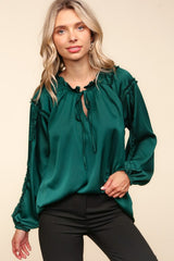 Hunter Green Frill Tie Neck Blouse