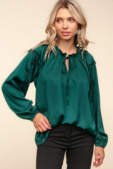 Hunter Green Frill Tie Neck Blouse