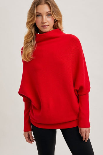 Red Slouch Ribbed Dolman Pullover