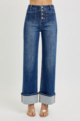 Risen High Rise Ankle Wide Cuffed Button Fly Jeans