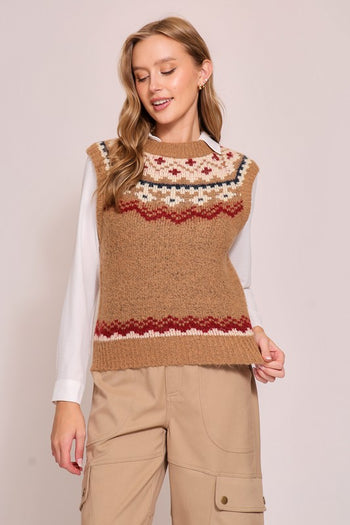 Camel & Burgundy Nordic Sweater Vest