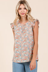 Coral & Blue Floral Ruffle Tank