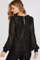 Black Sequin Balloon Sleeve Top - FINAL SALE