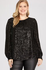 Black Sequin Balloon Sleeve Top - FINAL SALE