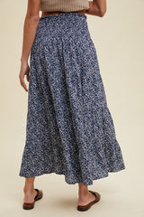 Navy Floral Midi Side Slit Skirt