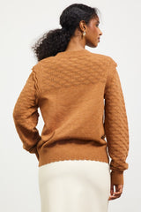 Toffee Pointelle Shoulder Ruffle Lightweight Sweater