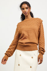 Toffee Pointelle Shoulder Ruffle Lightweight Sweater