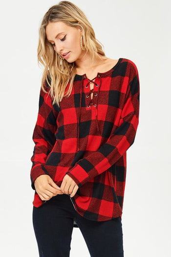 Lace Up Buffalo Plaid Top - FINAL SALE