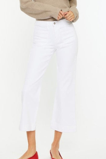 Kan Can High Rise Relaxed Cropped Flare White Jeans