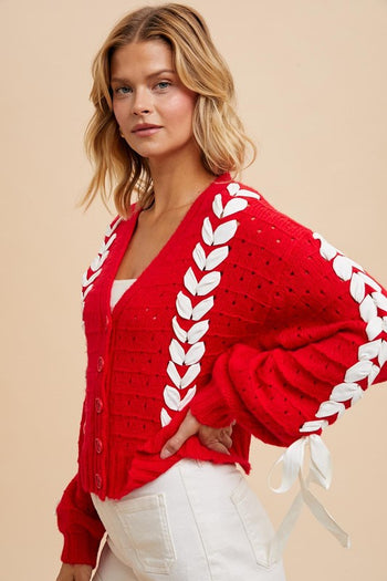 Red Threaded Ribbon Cardigan