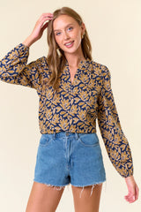 Leaf Print Ruffle Neck Top