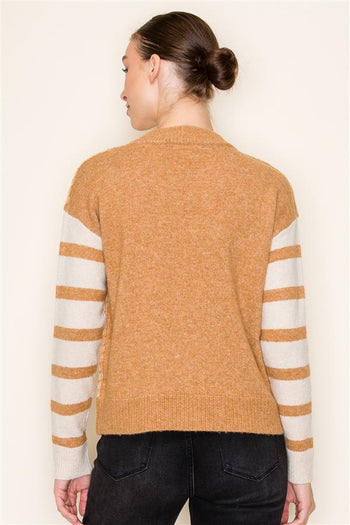 Camel & Cream Stitched Striped Sleeve Sweater