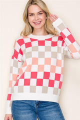 Coral Checked Sweater