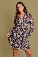 Taupe & Charcoal Floral Dress