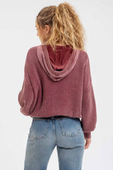 Burgundy Vintage Wash Cable Knit Hoodie