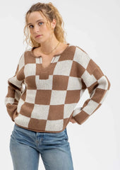 Mocha Checkered Split Neck Pullover