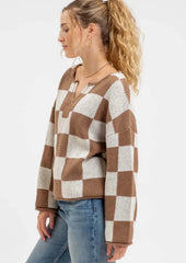 Mocha Checkered Split Neck Pullover