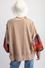 Mocha Plaid Patch Sleeve Sweatshirt