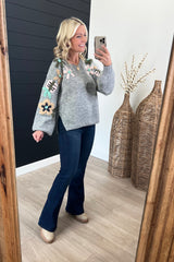 Gray Floral Embroidered Relaxed Sweater