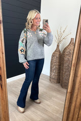 Gray Floral Embroidered Relaxed Sweater