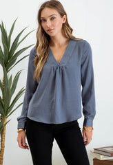 Blue Satin Vneck Blouse