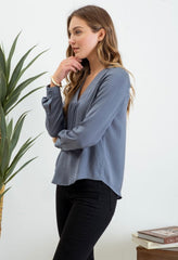 Blue Satin Vneck Blouse