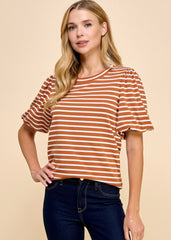 Rust Striped Puff Sleeve Top