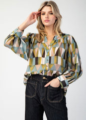 Geometric Button Down Blouse