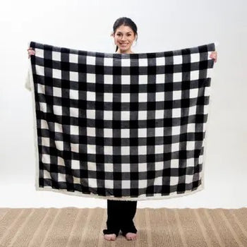 Carstens Black & White Lumberjack Plaid Plush Sherpa Throw