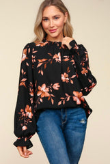 Floral Frill Mock Neck Blouse