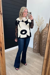 Black & Ivory Floral Mock Short Sleeve Sweater