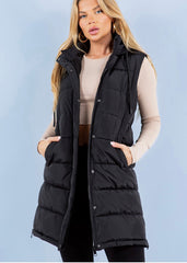 The Clarissa Long Hooded Side Zip Puffer Vests - 2 Colors!