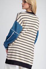 Striped Denim Sleeve Pocket Cardigan