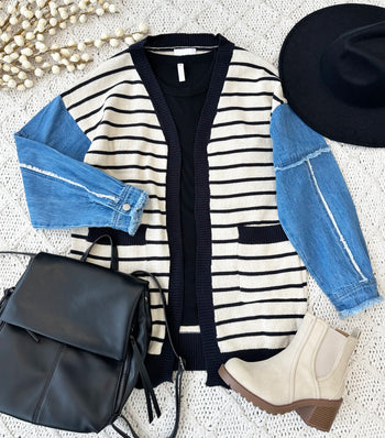 Striped Denim Sleeve Pocket Cardigan